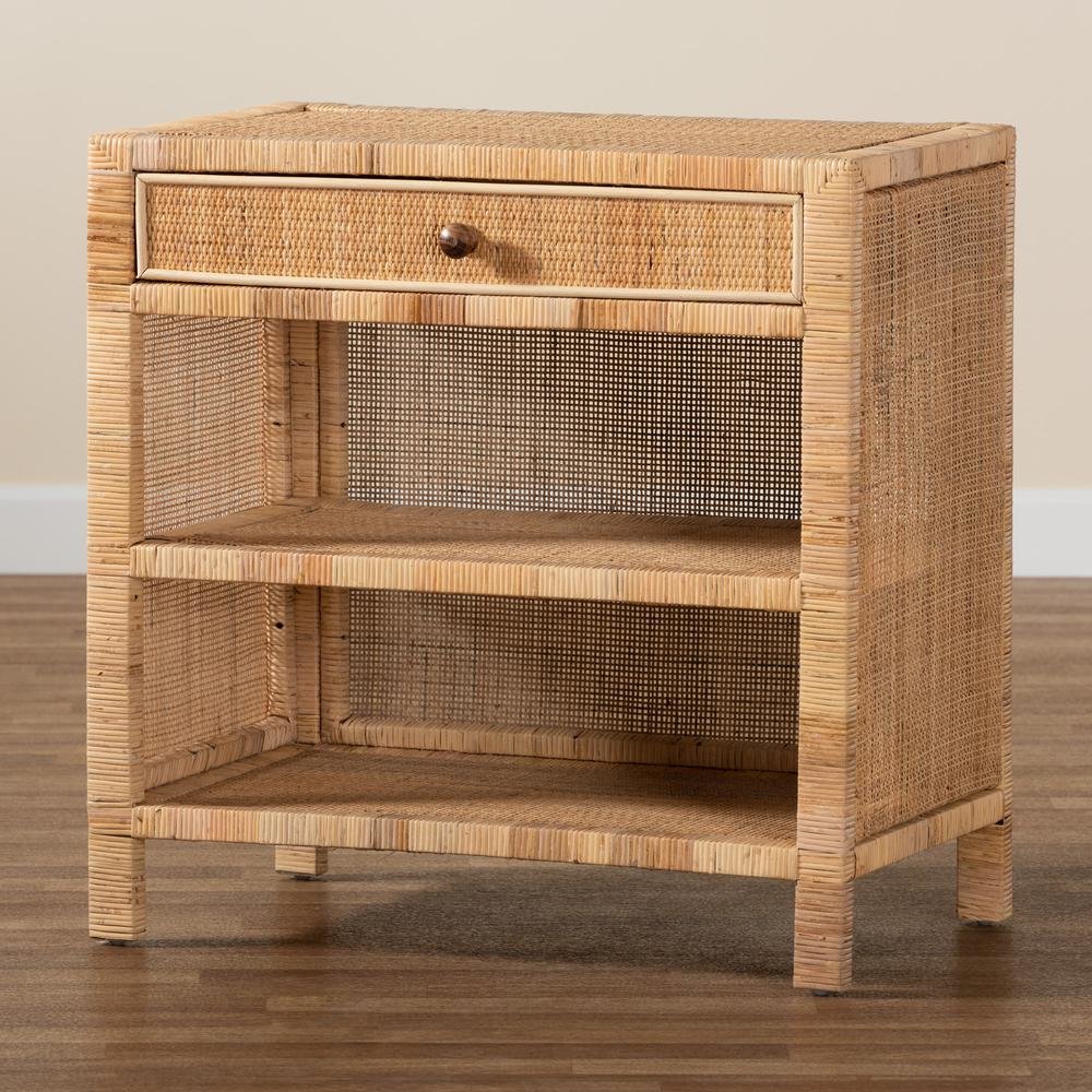 Bohemian Natural Brown Mahogany Wood and Natural Rattan 1-Drawer Console Table. Picture 21