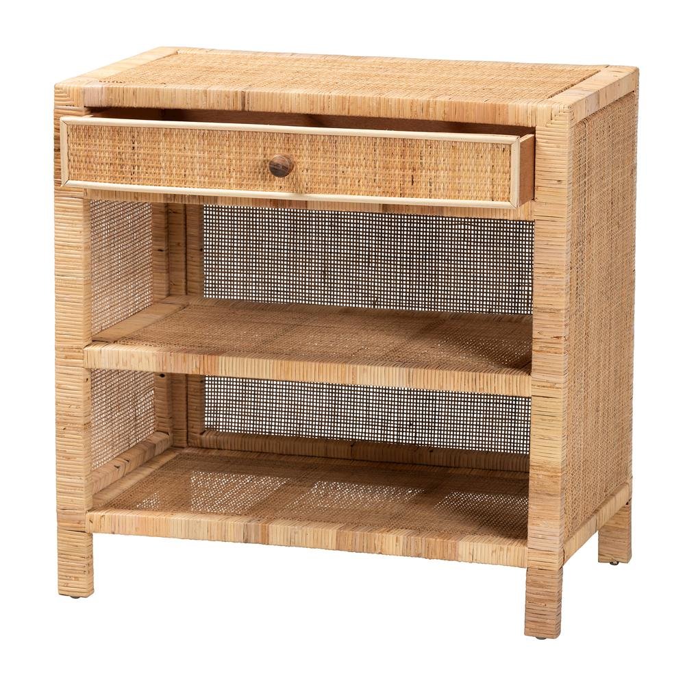 Bohemian Natural Brown Mahogany Wood and Natural Rattan 1-Drawer Console Table. Picture 13