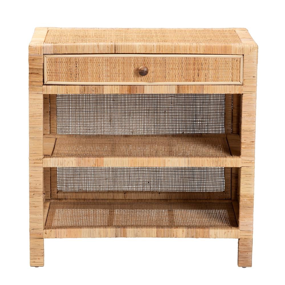 Bohemian Natural Brown Mahogany Wood and Natural Rattan 1-Drawer Console Table. Picture 14