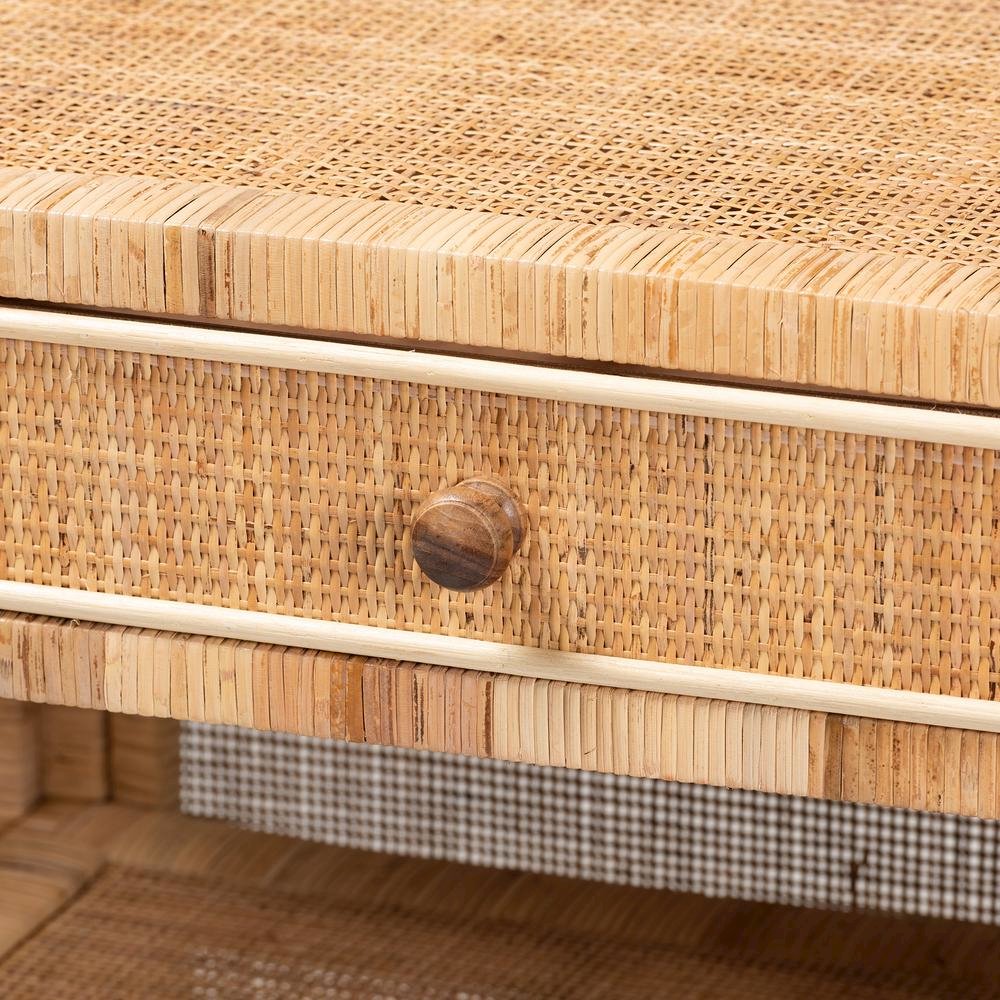 Bohemian Natural Brown Mahogany Wood and Natural Rattan 1-Drawer Console Table. Picture 17