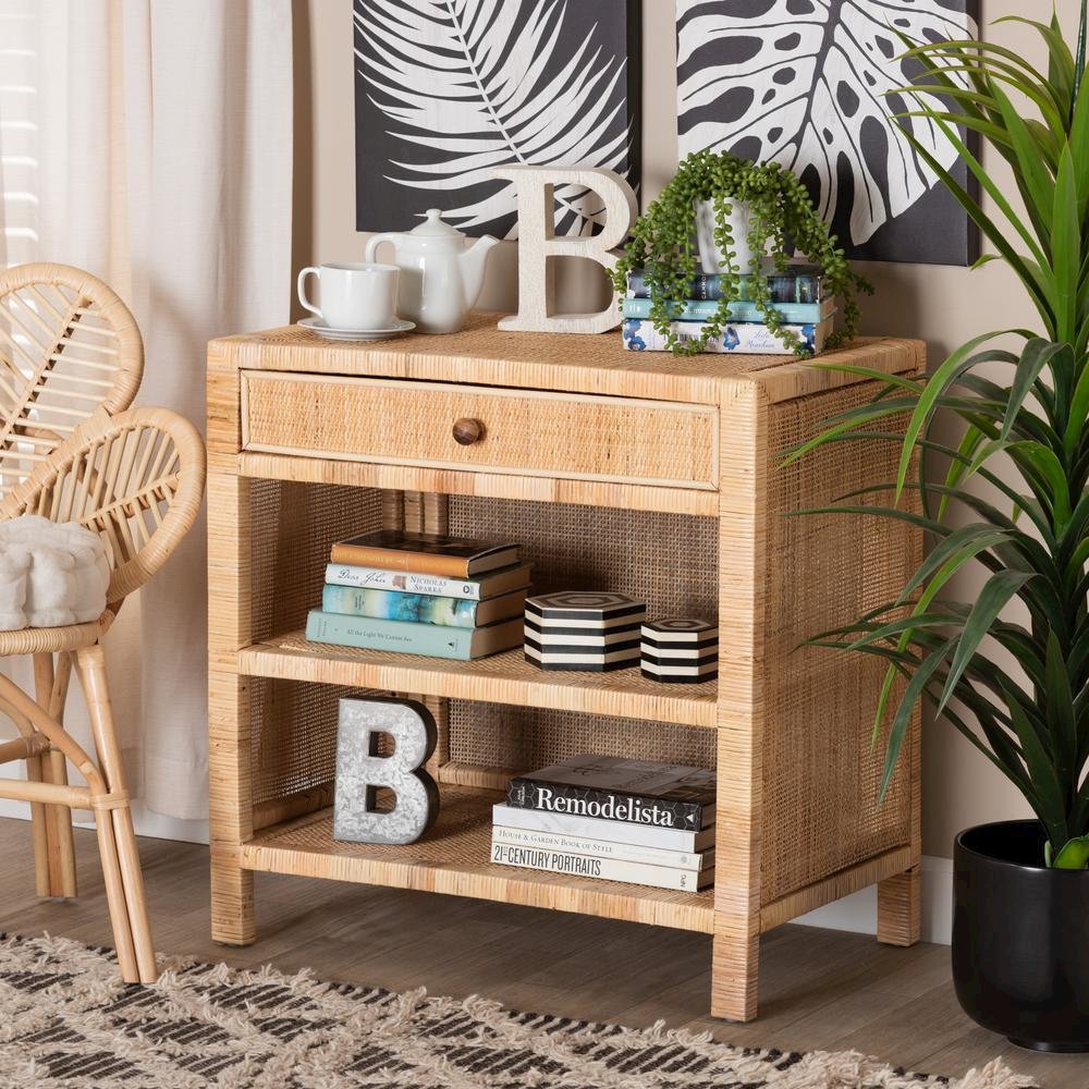 Bohemian Natural Brown Mahogany Wood and Natural Rattan 1-Drawer Console Table. Picture 20