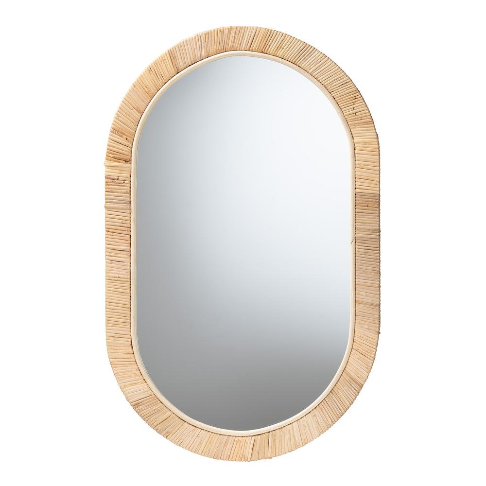 Modern Bohemian Natural Brown Mahogany Wood and Natural Rattan Oval Mirror. Picture 5