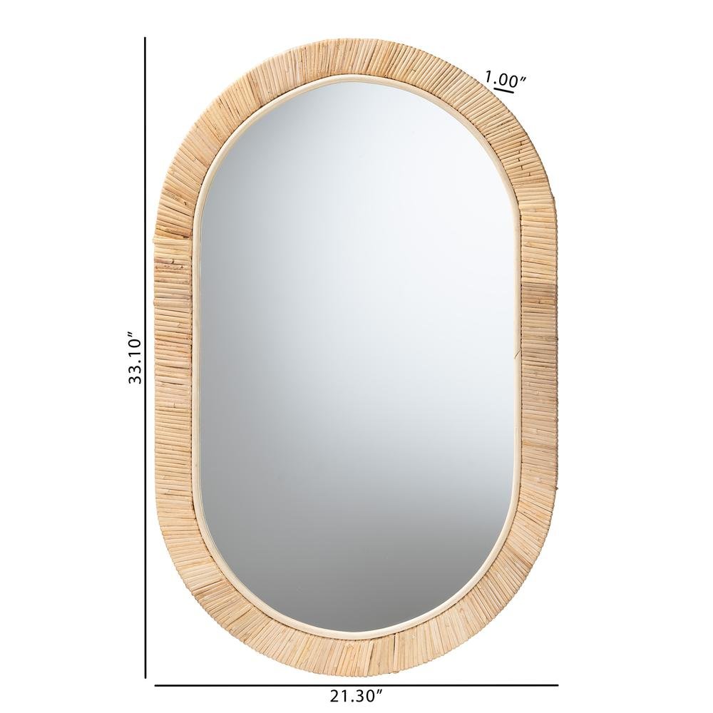 Modern Bohemian Natural Brown Mahogany Wood and Natural Rattan Oval Mirror. Picture 8