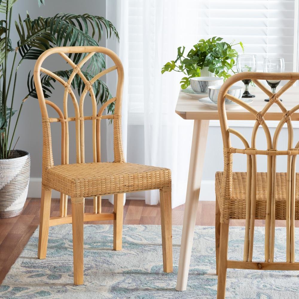 Bohemian Oak Brown Finished Mahogany Wood and Natural Rattan Dining Chair. Picture 18