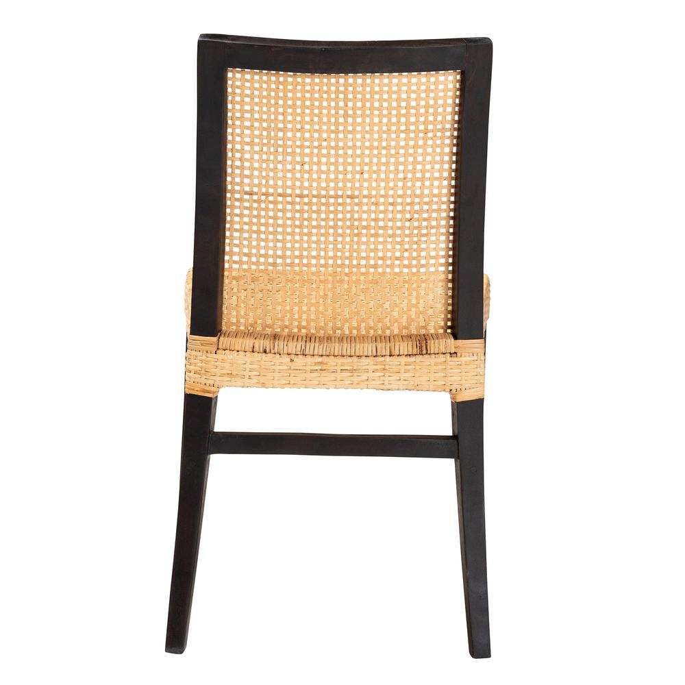 Bohemian Dark Brown Mahogany Wood and Natural Rattan Dining Chair. Picture 14