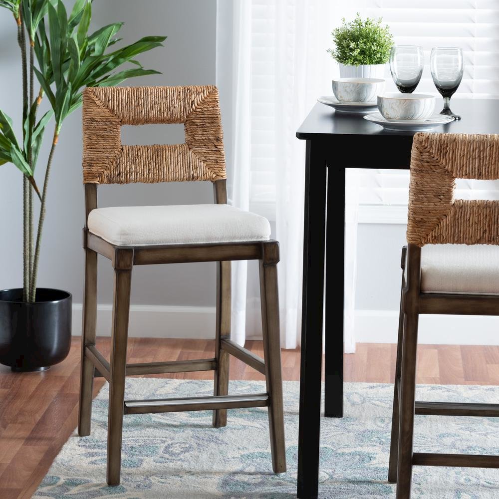 Bohemian Dark Brown Finished Mahogany Wood and Natural Rattan Counter Stool. Picture 18
