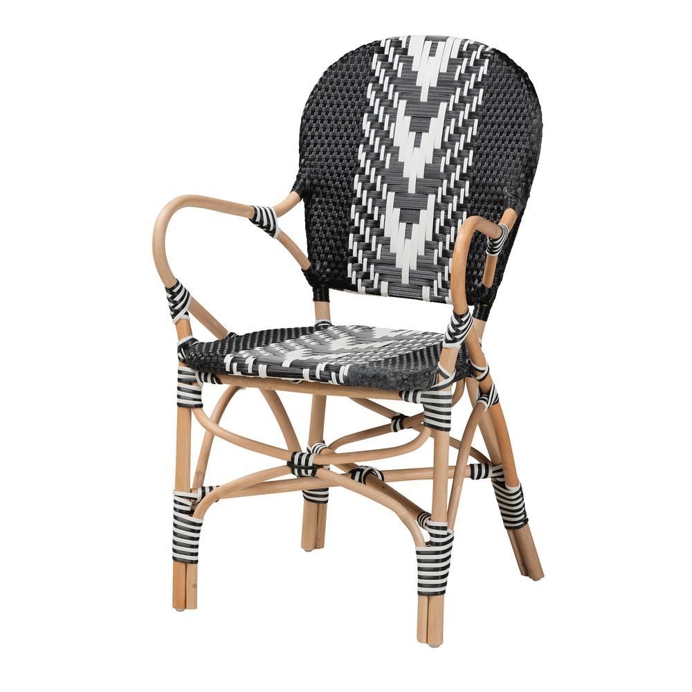 French Two-Tone Black and White Weaving and Natural Rattan Indoor Dining Chair. Picture 11