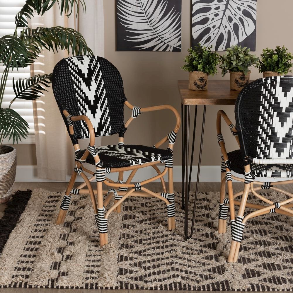 French Two-Tone Black and White Weaving and Natural Rattan Indoor Dining Chair. Picture 18