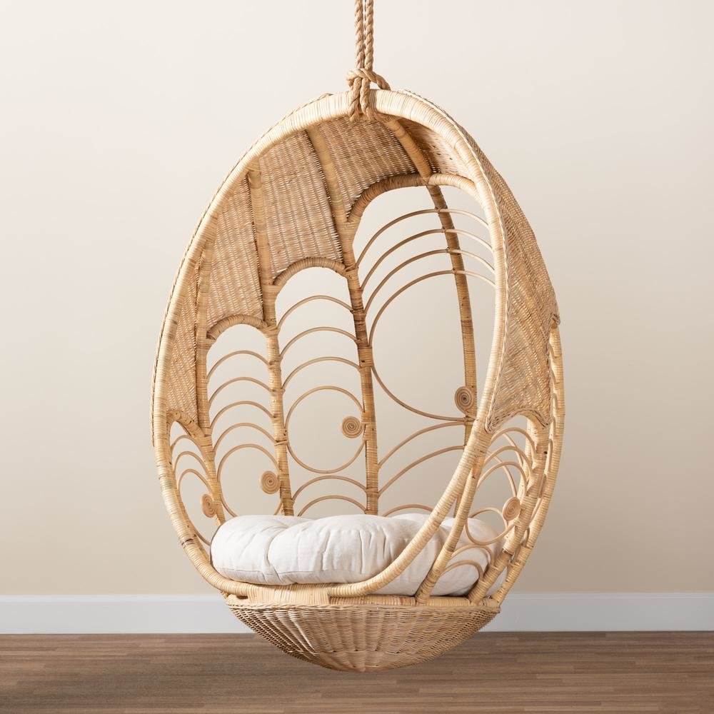 bali & pari Umika Modern Bohemian Natural Brown Rattan Hanging Chair. Picture 17