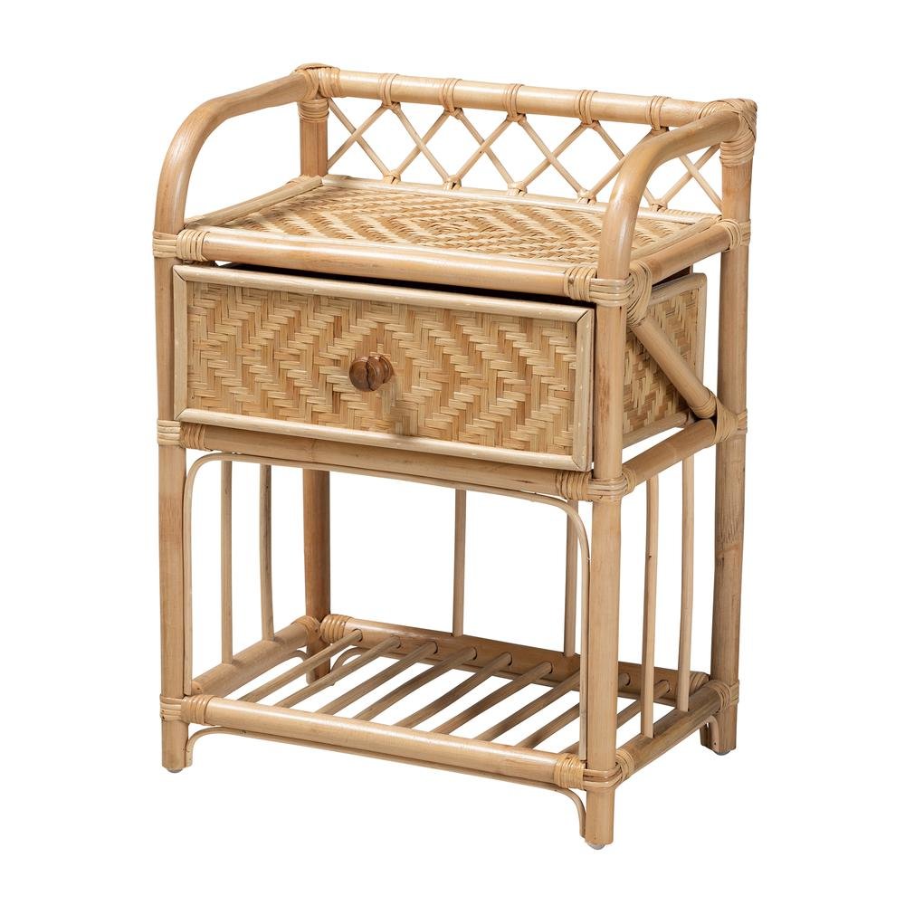 bali & pari Kobie Modern Bohemian Natural Brown Rattan 1-Drawer Nightstand. Picture 11