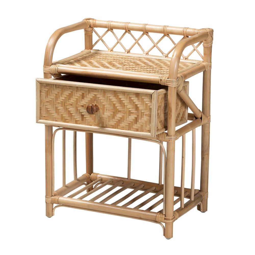 bali & pari Kobie Modern Bohemian Natural Brown Rattan 1-Drawer Nightstand. Picture 12