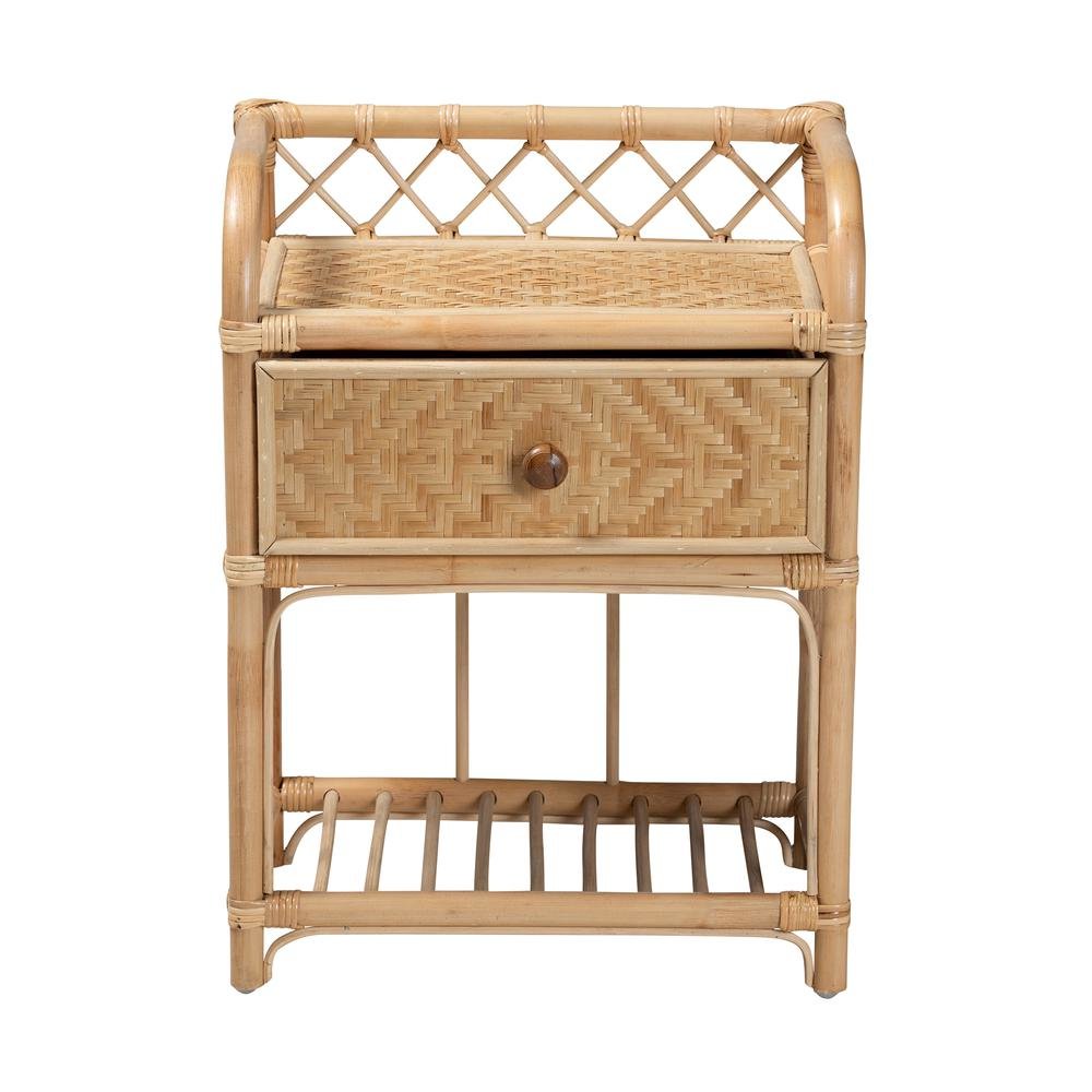 bali & pari Kobie Modern Bohemian Natural Brown Rattan 1-Drawer Nightstand. Picture 13