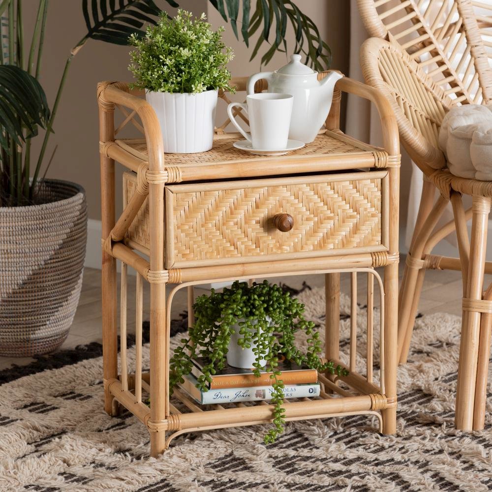 bali & pari Kobie Modern Bohemian Natural Brown Rattan 1-Drawer Nightstand. Picture 18