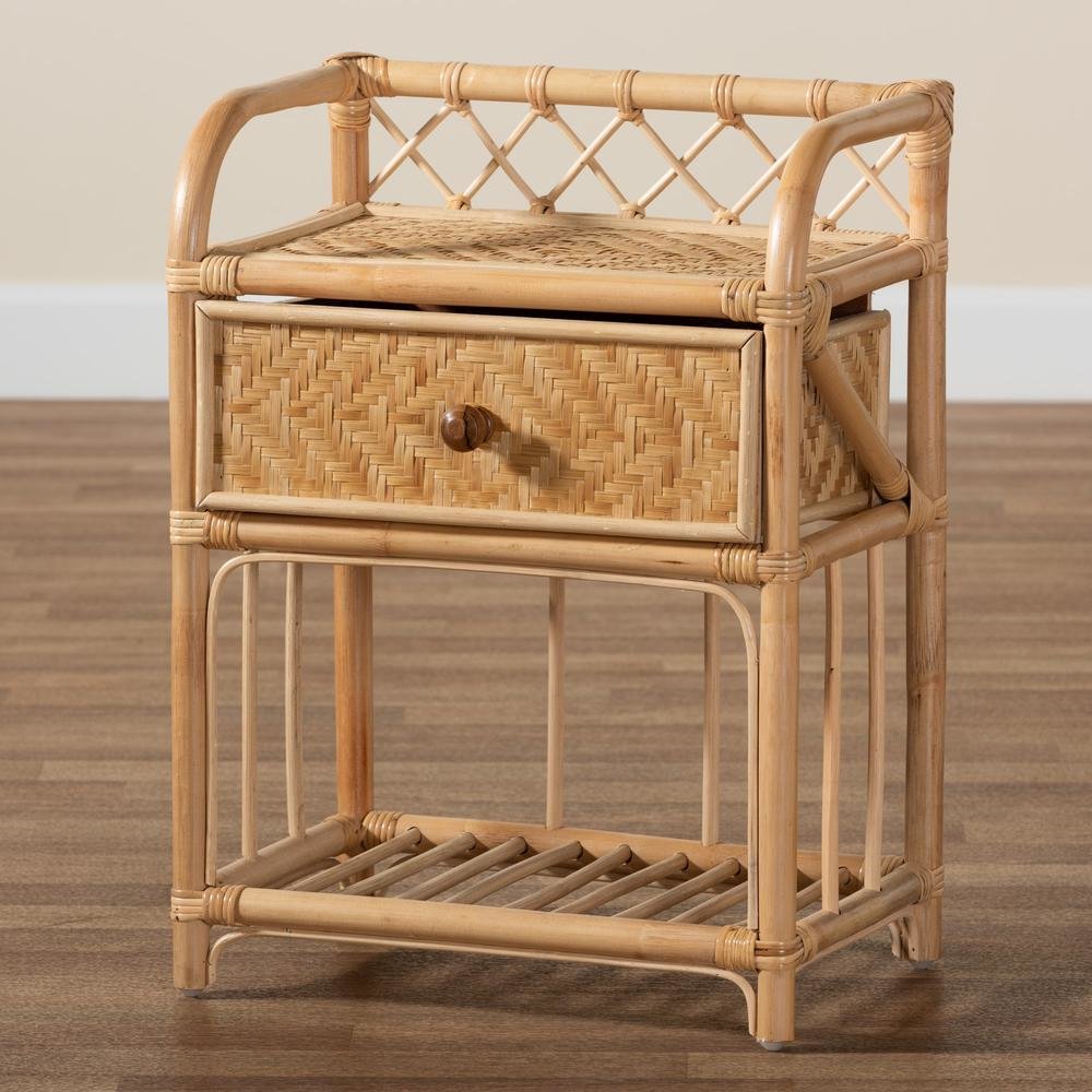 bali & pari Kobie Modern Bohemian Natural Brown Rattan 1-Drawer Nightstand. Picture 19