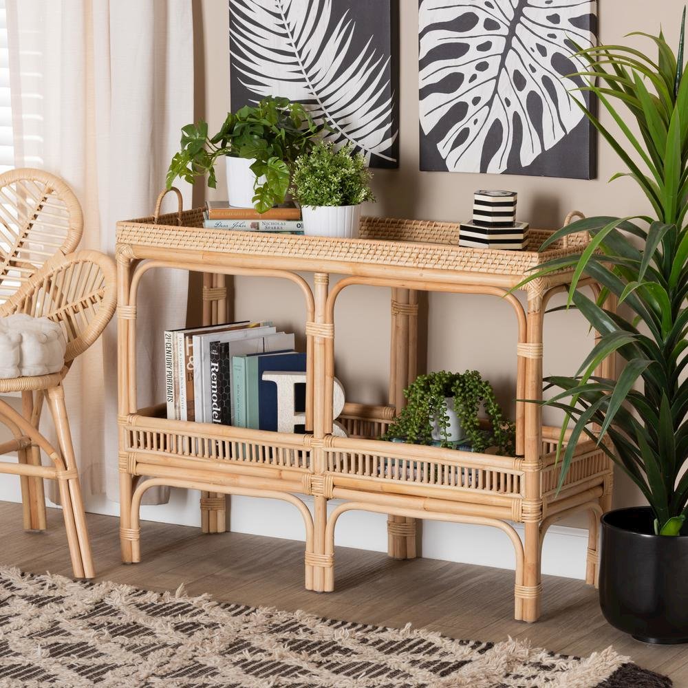 bali & pari Lombok Modern Bohemian Natural Brown Rattan Console Table. Picture 2