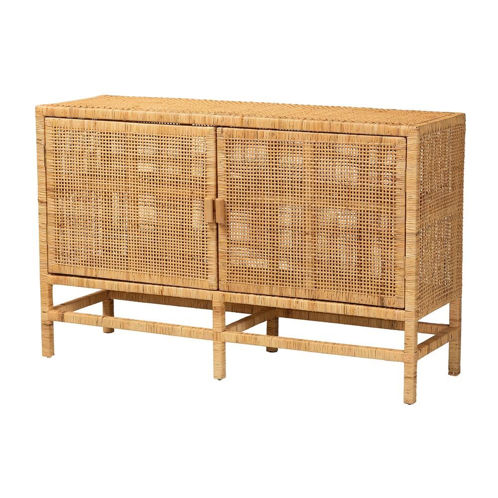 Bohemian Natural Brown Rattan and Mahogany Wood Storage Cabinet. Picture 12