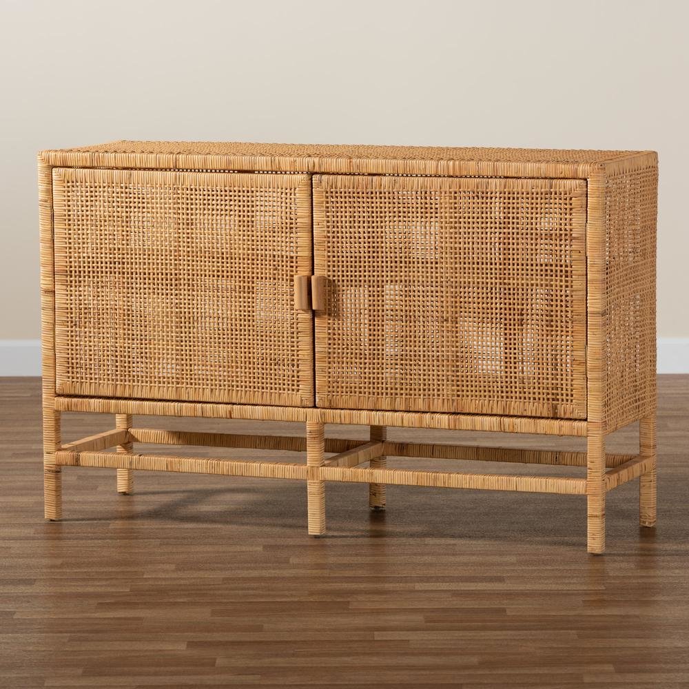 Bohemian Natural Brown Rattan and Mahogany Wood Storage Cabinet. Picture 21