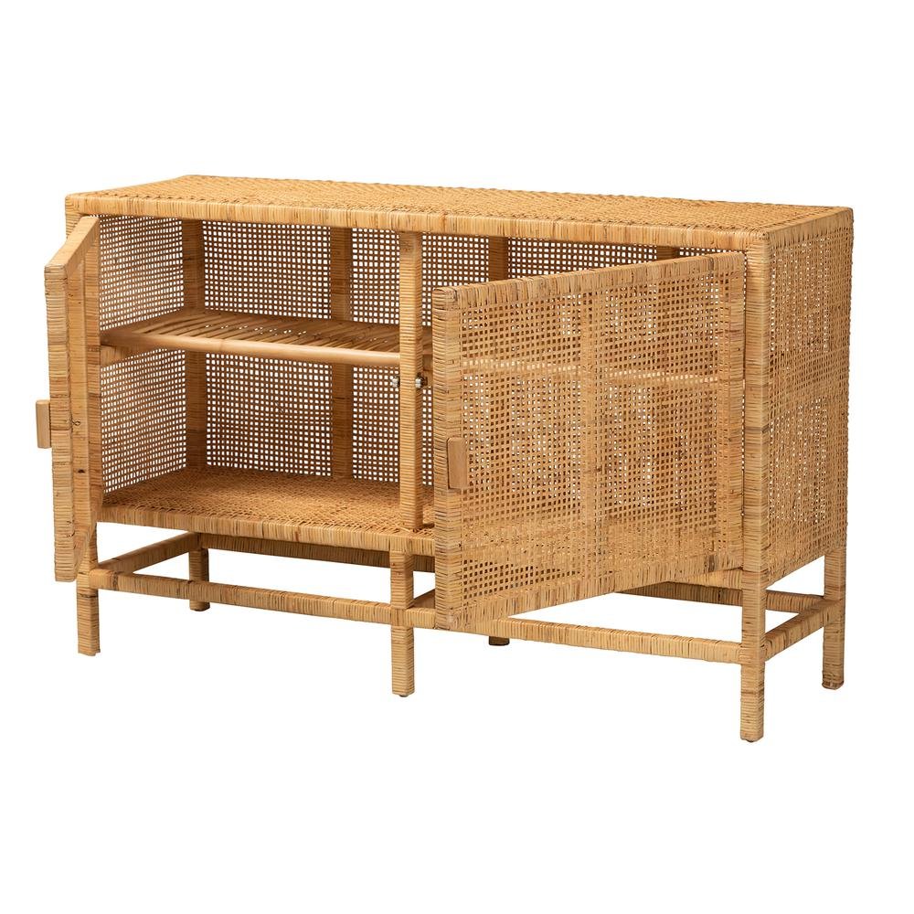 Bohemian Natural Brown Rattan and Mahogany Wood Storage Cabinet. Picture 13