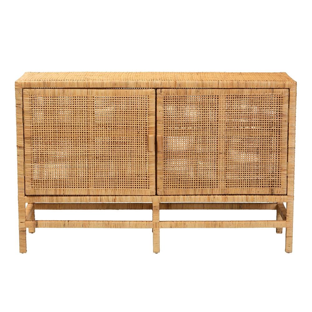 Bohemian Natural Brown Rattan and Mahogany Wood Storage Cabinet. Picture 14