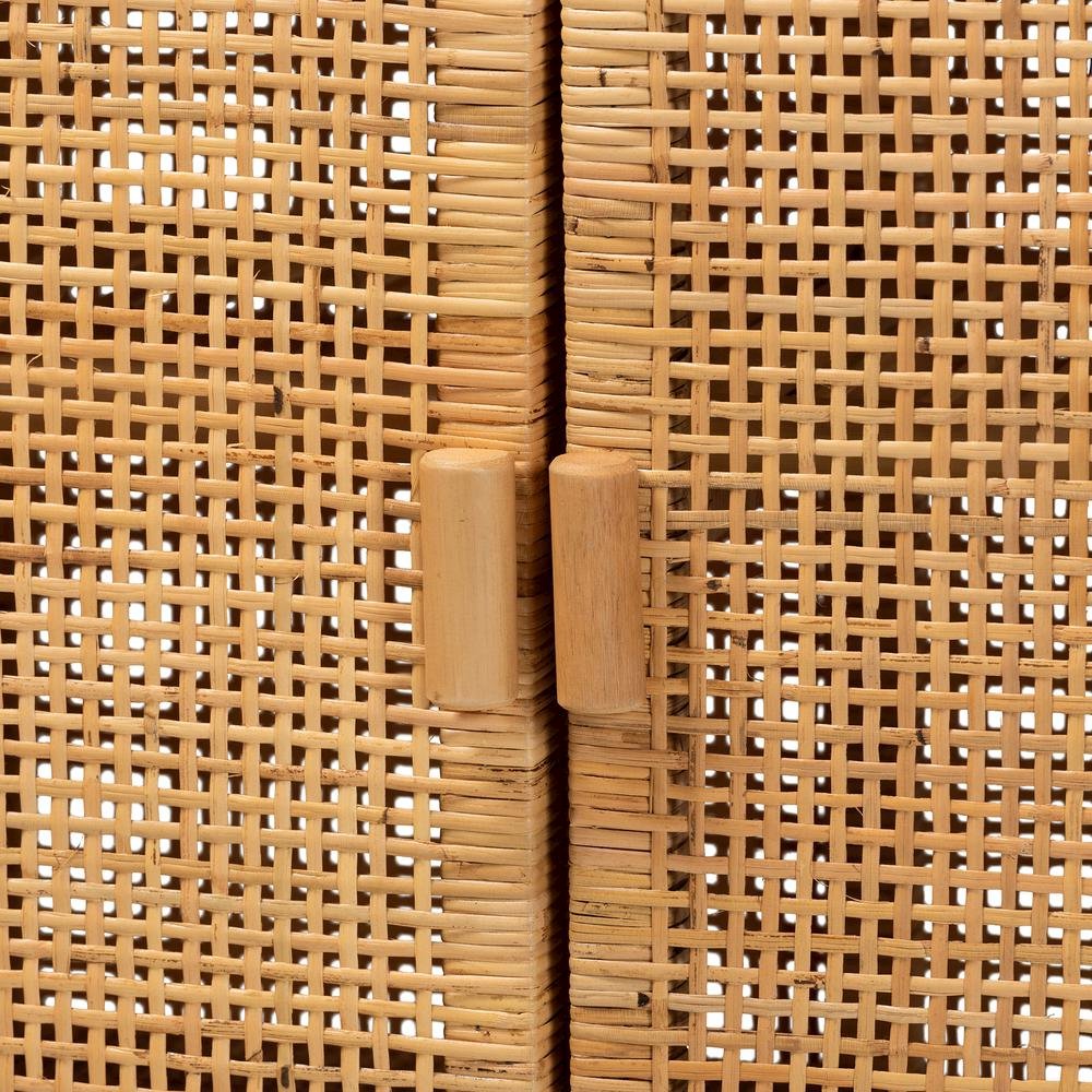 Bohemian Natural Brown Rattan and Mahogany Wood Storage Cabinet. Picture 17