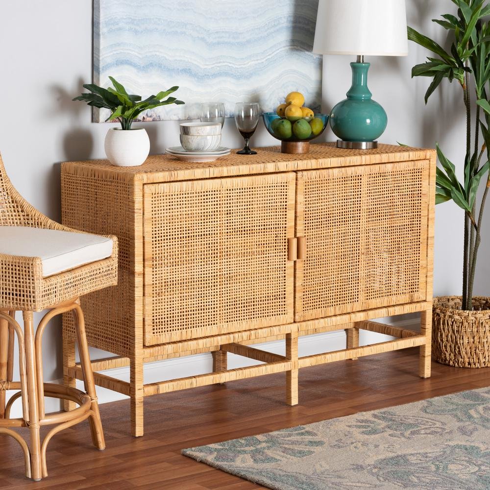 Bohemian Natural Brown Rattan and Mahogany Wood Storage Cabinet. Picture 20