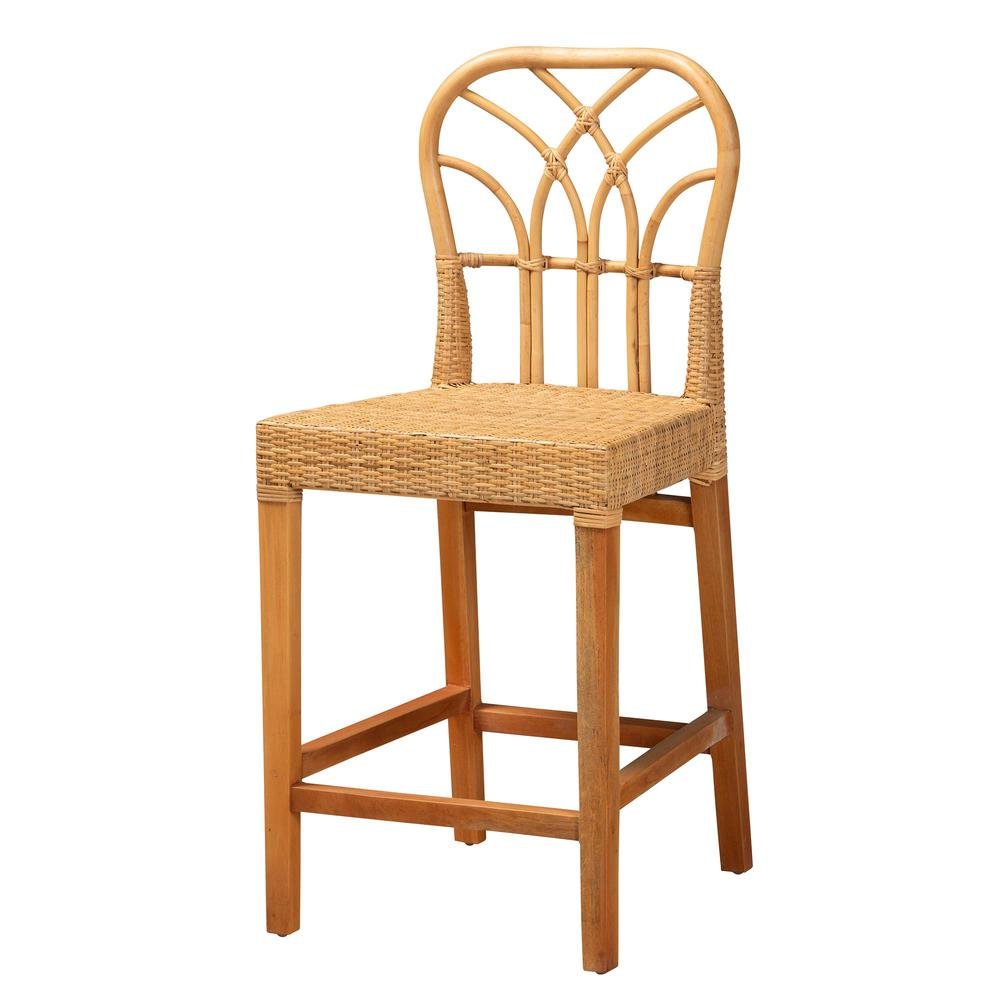 Monaco Modern Bohemian Natural Rattan and Mahogany Wood Counter Stool. Picture 11