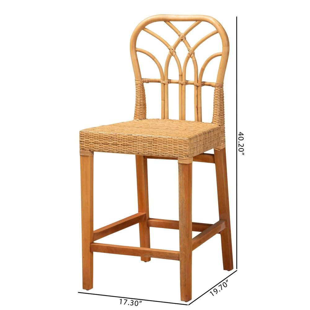 Monaco Modern Bohemian Natural Rattan and Mahogany Wood Counter Stool. Picture 20