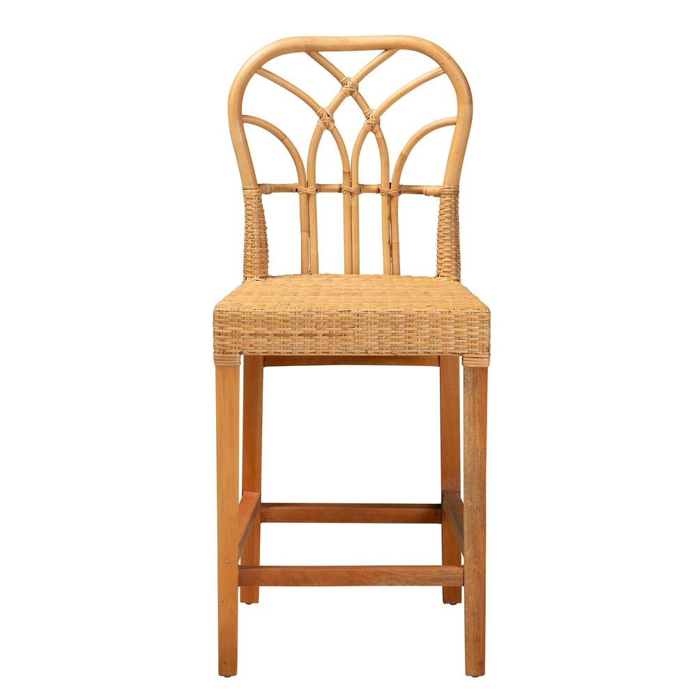 Monaco Modern Bohemian Natural Rattan and Mahogany Wood Counter Stool. Picture 12