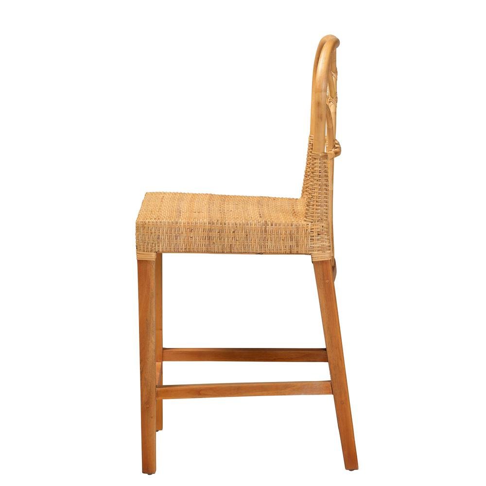 Monaco Modern Bohemian Natural Rattan and Mahogany Wood Counter Stool. Picture 13