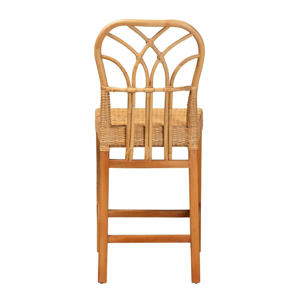 Monaco Modern Bohemian Natural Rattan and Mahogany Wood Counter Stool. Picture 14