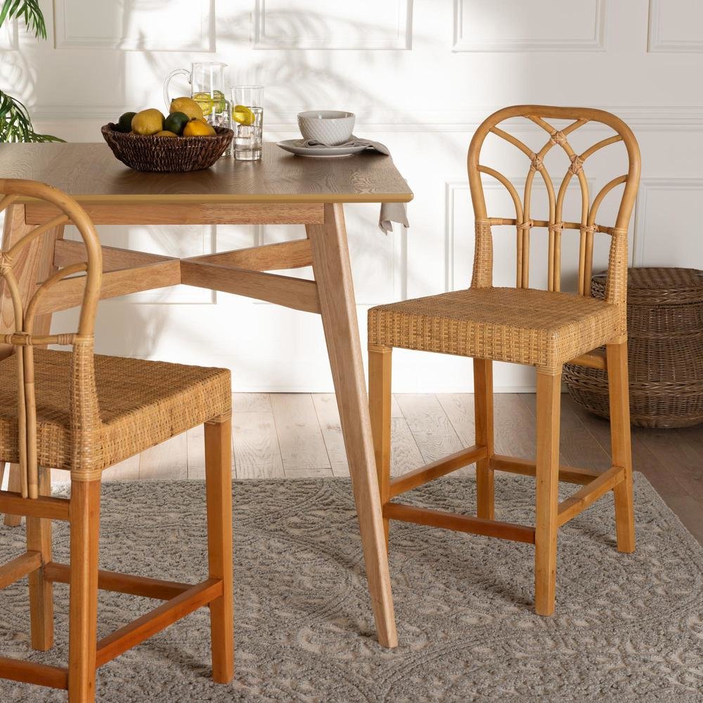 Monaco Modern Bohemian Natural Rattan and Mahogany Wood Counter Stool. Picture 18