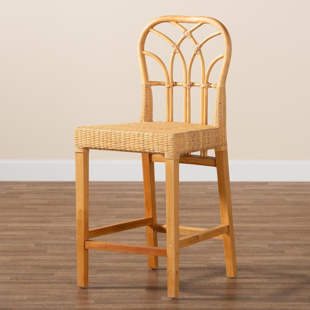 Monaco Modern Bohemian Natural Rattan and Mahogany Wood Counter Stool. Picture 19