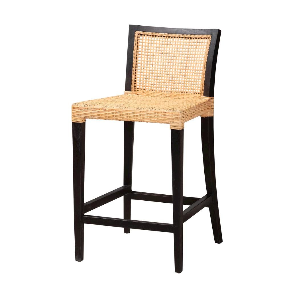 Bohemian Dark Brown Mahogany Wood and Natural Rattan Counter Stool. Picture 11