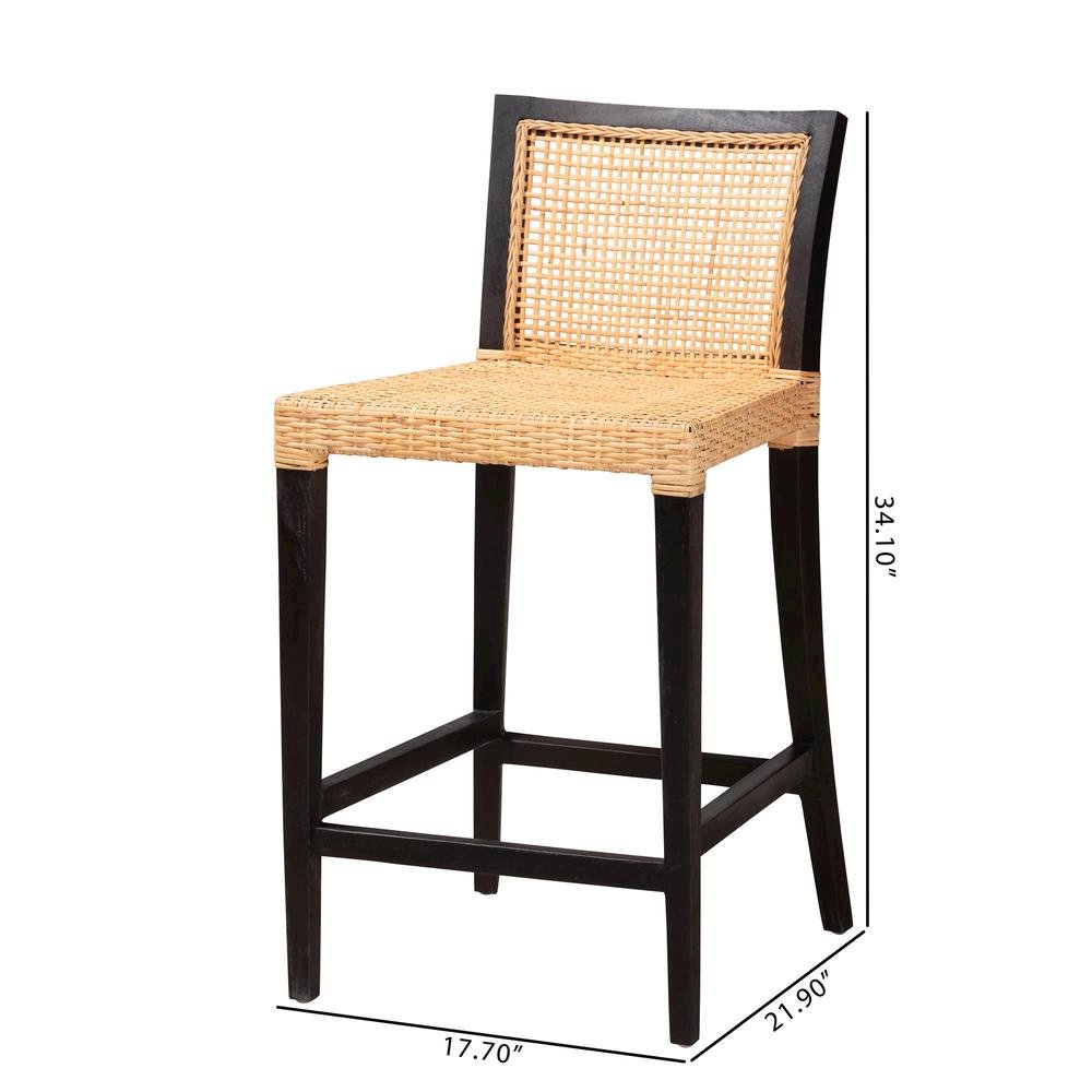 Bohemian Dark Brown Mahogany Wood and Natural Rattan Counter Stool. Picture 20