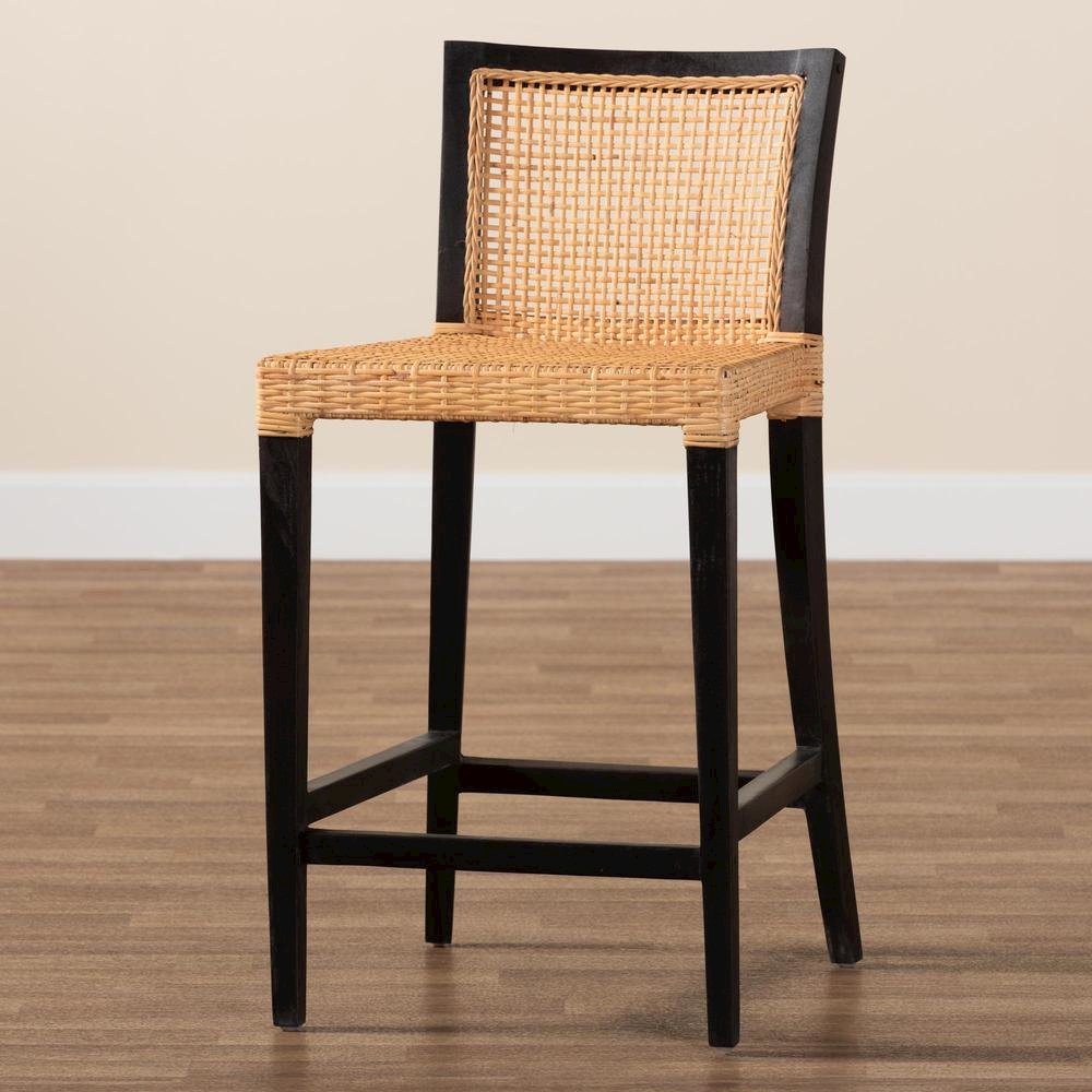 Bohemian Dark Brown Mahogany Wood and Natural Rattan Counter Stool. Picture 19