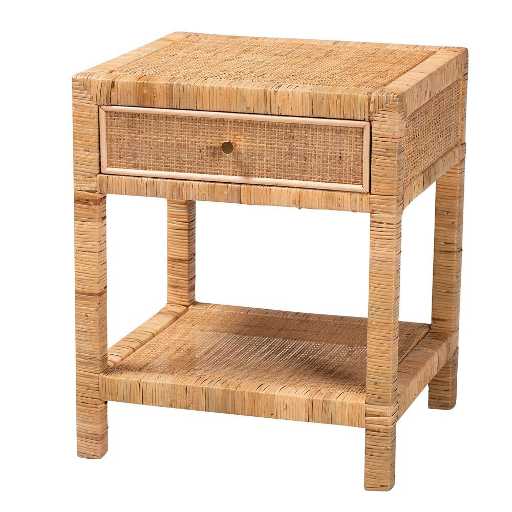 Bohemian Natural Rattan and Mahogany Wood 1-Drawer Nightstand. Picture 12