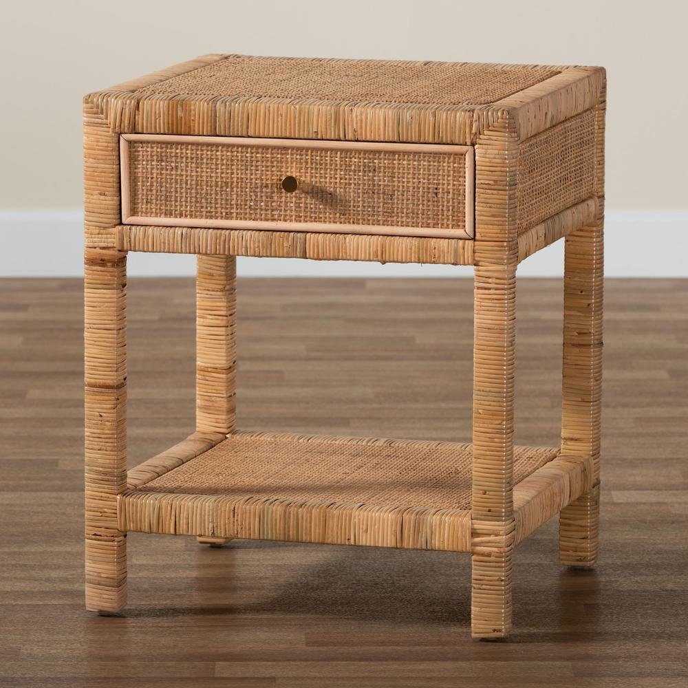 Bohemian Natural Rattan and Mahogany Wood 1-Drawer Nightstand. Picture 21