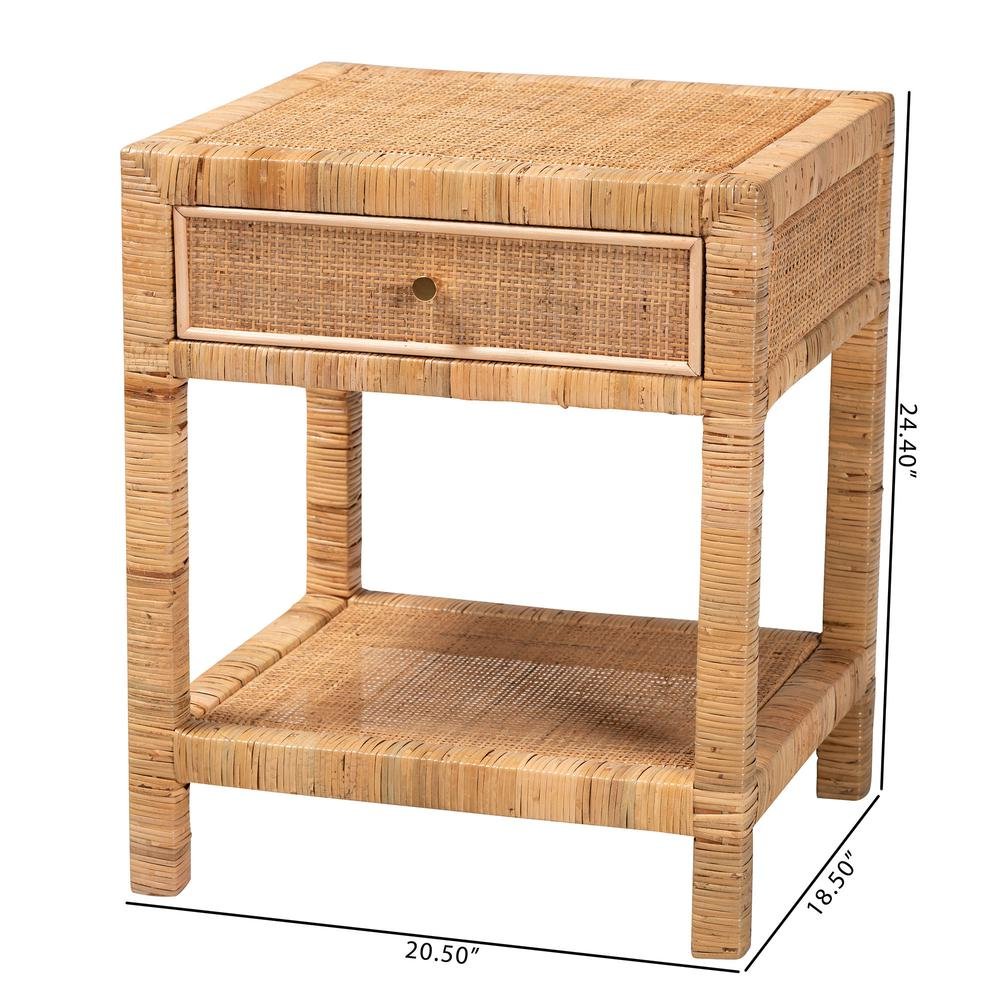 Bohemian Natural Rattan and Mahogany Wood 1-Drawer Nightstand. Picture 22