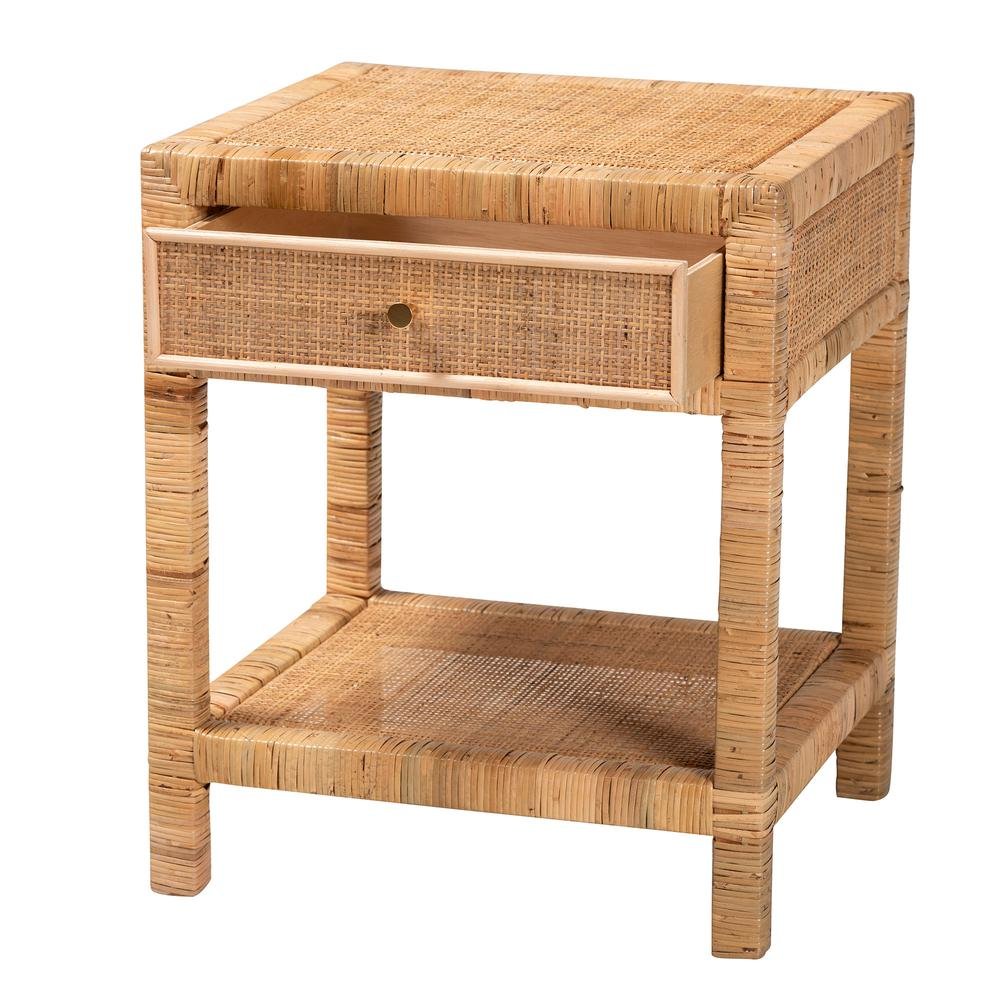 Bohemian Natural Rattan and Mahogany Wood 1-Drawer Nightstand. Picture 13