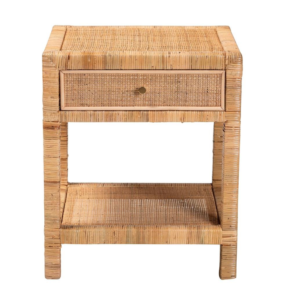 Bohemian Natural Rattan and Mahogany Wood 1-Drawer Nightstand. Picture 14