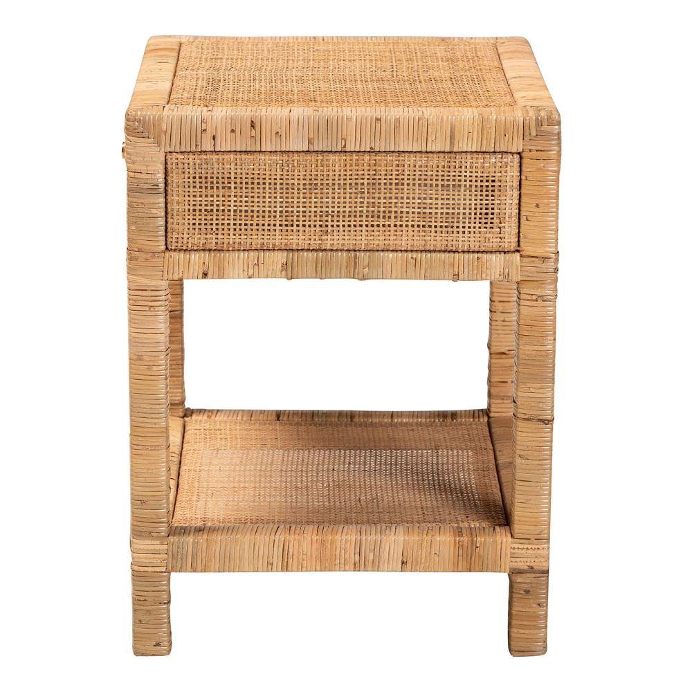 Bohemian Natural Rattan and Mahogany Wood 1-Drawer Nightstand. Picture 15