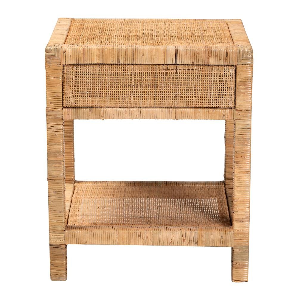 Bohemian Natural Rattan and Mahogany Wood 1-Drawer Nightstand. Picture 16