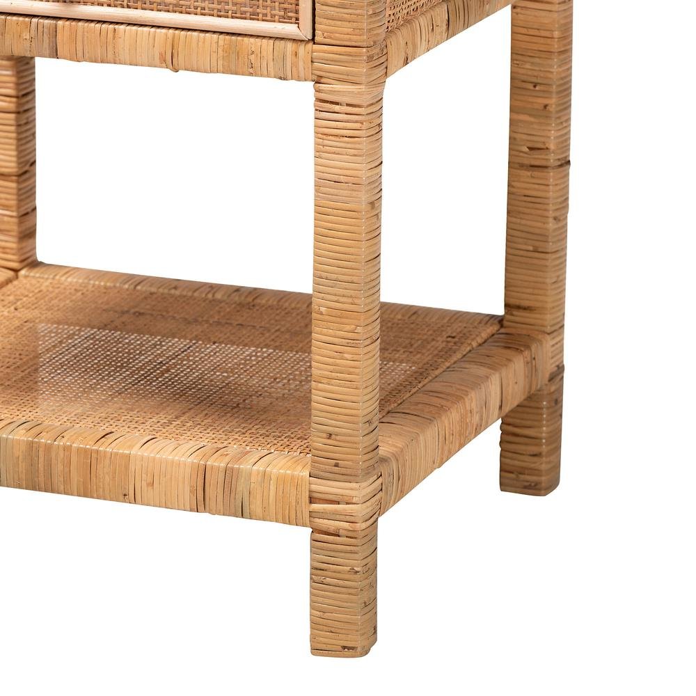 Bohemian Natural Rattan and Mahogany Wood 1-Drawer Nightstand. Picture 17