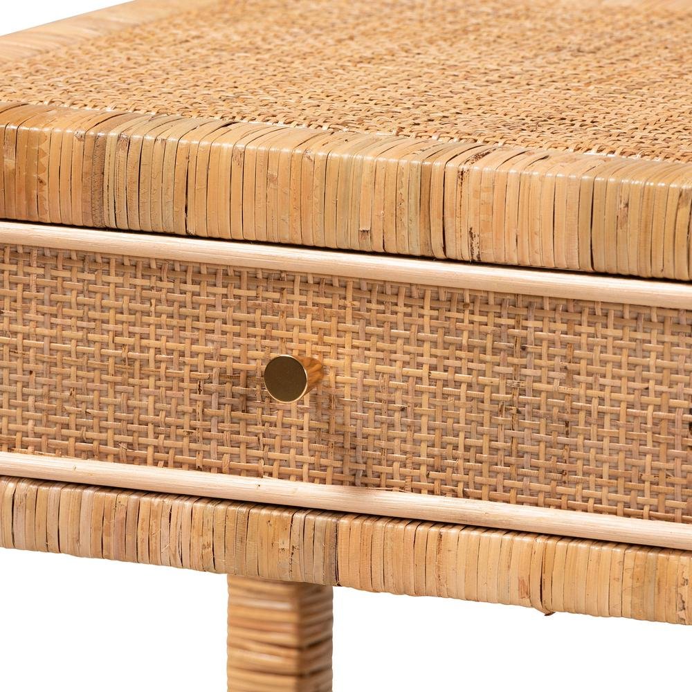 Bohemian Natural Rattan and Mahogany Wood 1-Drawer Nightstand. Picture 18