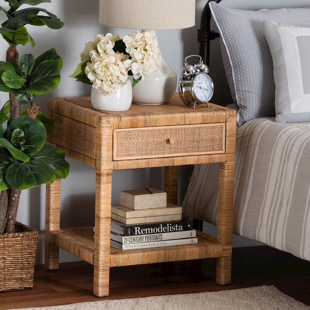 Bohemian Natural Rattan and Mahogany Wood 1-Drawer Nightstand. Picture 20