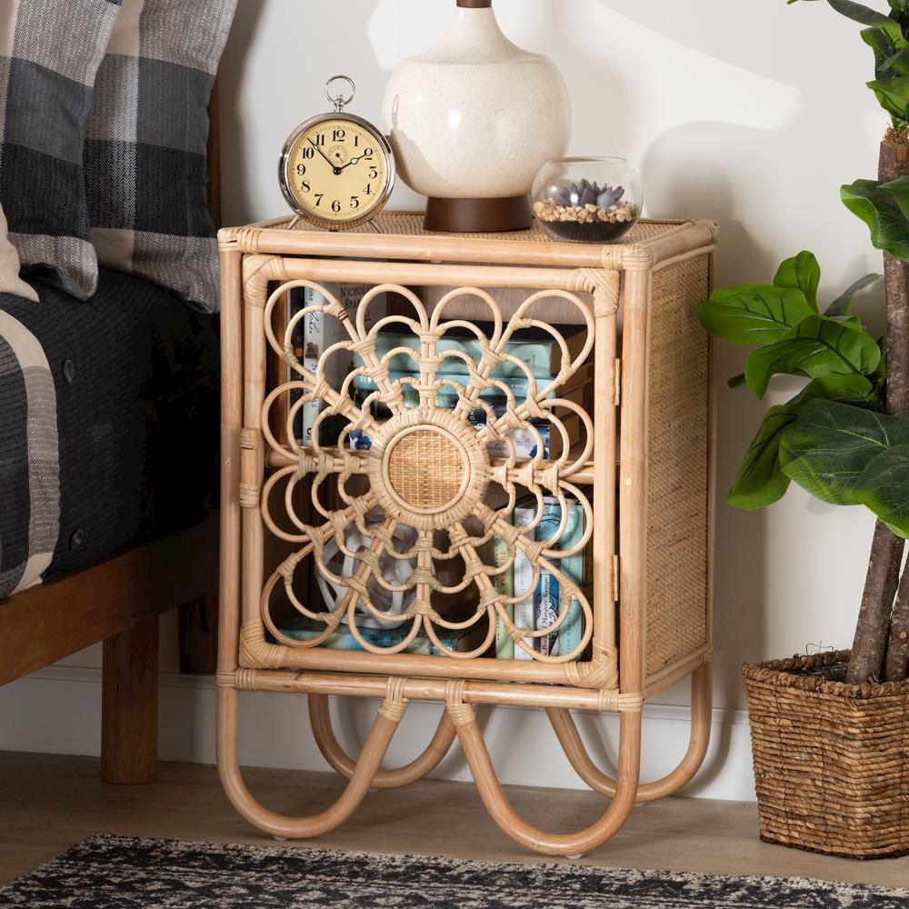 bali & pari Acelin Modern Bohemian Natural Brown Rattan Nightstand. Picture 18
