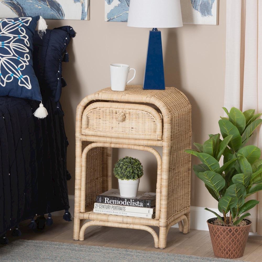 bali & pari Magni Modern Bohemian Natural Brown Rattan 1-Drawer Nightstand. Picture 18
