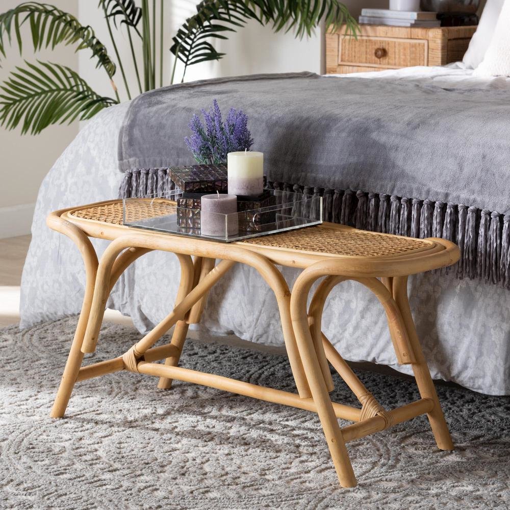 bali & pari Septa Modern Bohemian Natural Brown Rattan Accent Bench. Picture 14