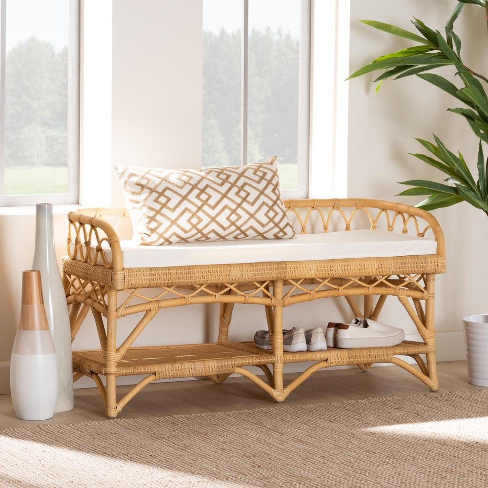 bali & pari Leryn Modern Bohemian Natural Brown Rattan Bench. Picture 18