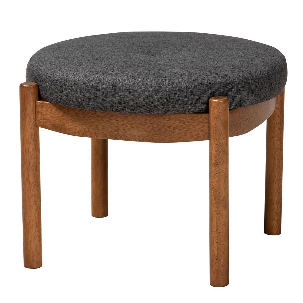 Iliana Japandi Dark Grey Fabric and Walnut Brown Finished Wood Ottoman Footstool. Picture 9